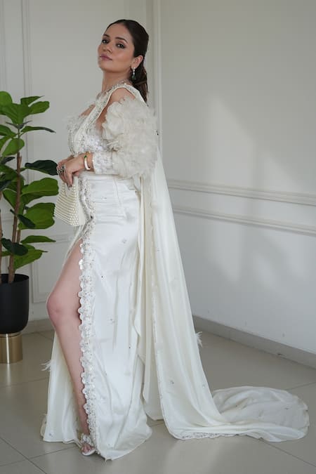 Buy_Lasha_Ivory , Satin, , Sequins, Pre-draped Saree Set _Online_at_Aza_Fashions