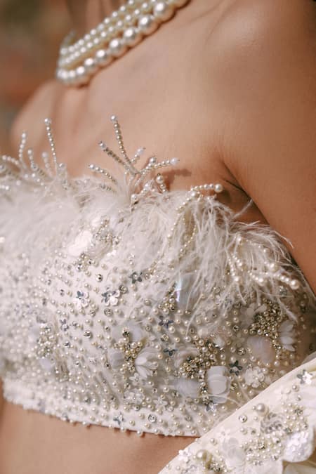 Shop_Lasha_Ivory , Satin, , Sequins, Pre-draped Saree Set _Online_at_Aza_Fashions