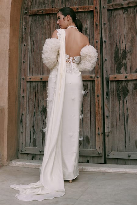 Lasha Ivory Pre-Draped Saree Set 