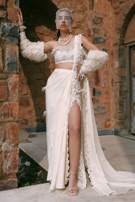 Buy_Lasha_Ivory , Satin, , Sequins, Pre-draped Saree Set 