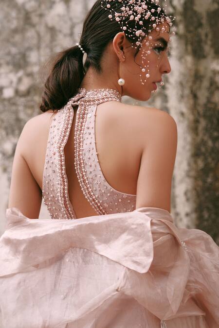 Shop_Lasha_Pink Tissue, Crepe, Net Pearls, Sequins, Beads Designer Embellished Cape Set _Online_at_Aza_Fashions