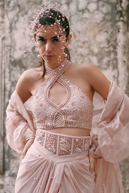 Lasha_Pink Tissue, Crepe, Net Pearls, Sequins, Beads Designer Embellished Cape Set _at_Aza_Fashions