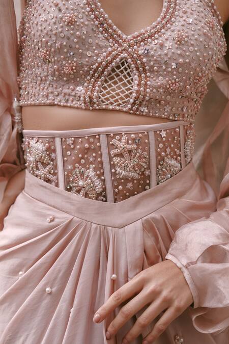 Buy_Lasha_Pink Tissue, Crepe, Net Pearls, Sequins, Beads Designer Embellished Cape Set 