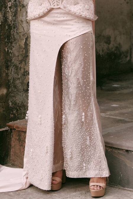 Lasha_Pink Silk, Tissue, Net Pearls, Sequins, Beads Designer Corset And Trouser Set _Online_at_Aza_Fashions
