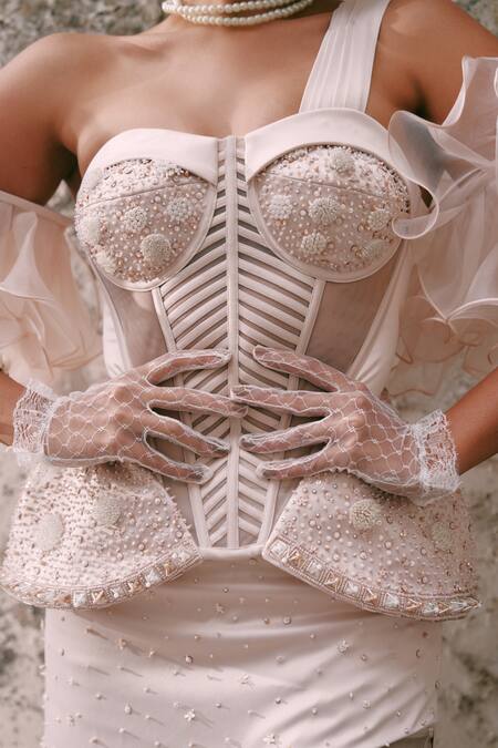 Lasha_Pink Silk, Tissue, Net Pearls, Sequins, Beads Designer Corset And Trouser Set _at_Aza_Fashions