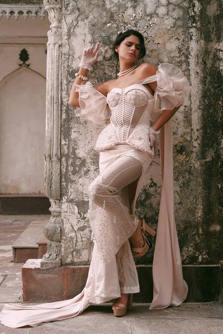 Buy_Lasha_Pink Silk, Tissue, Net Pearls, Sequins, Beads Designer Corset And Trouser Set 