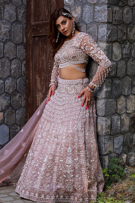 Buy_Lasha_Pink Organza, Net Sequins, Embroidery Round Neck Onion Lehenga Set _Online_at_Aza_Fashions