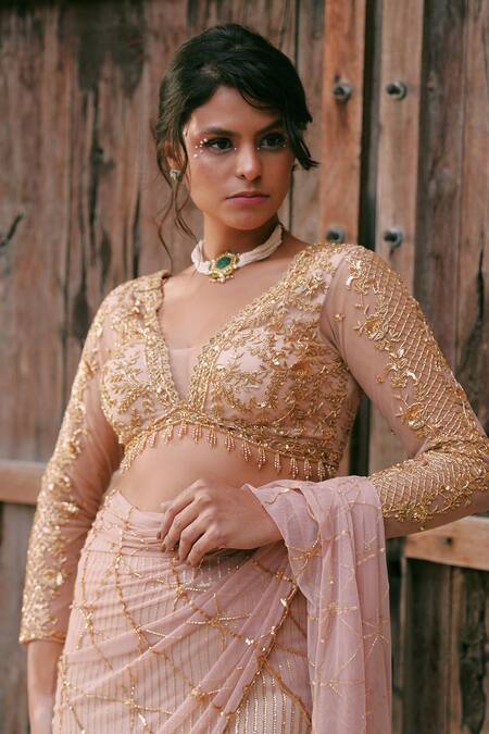 Lasha_Peach Georgette, Tulle Sequins, Embroidery V-neck Lehenga Set _Online_at_Aza_Fashions