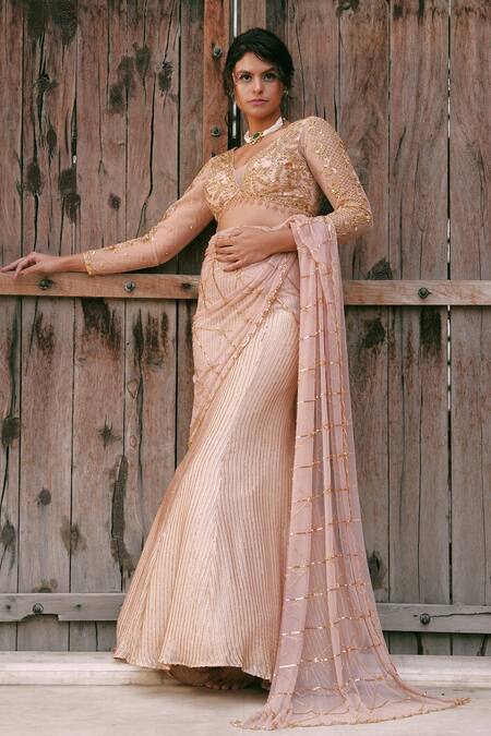 Buy_Lasha_Peach Georgette, Tulle Sequins, Embroidery V-neck Lehenga Set _Online_at_Aza_Fashions
