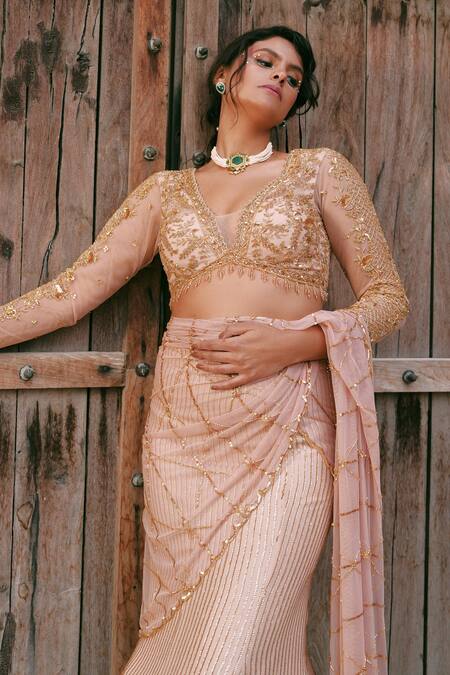 Shop_Lasha_Peach Georgette, Tulle Sequins, Embroidery V-neck Lehenga Set _Online_at_Aza_Fashions