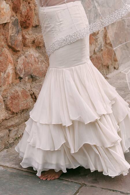 Lasha_Ivory Georgette, Tulle, Net Pearls, Sequins, Beads Sweetheart Ruffled Skirt Set _Online_at_Aza_Fashions