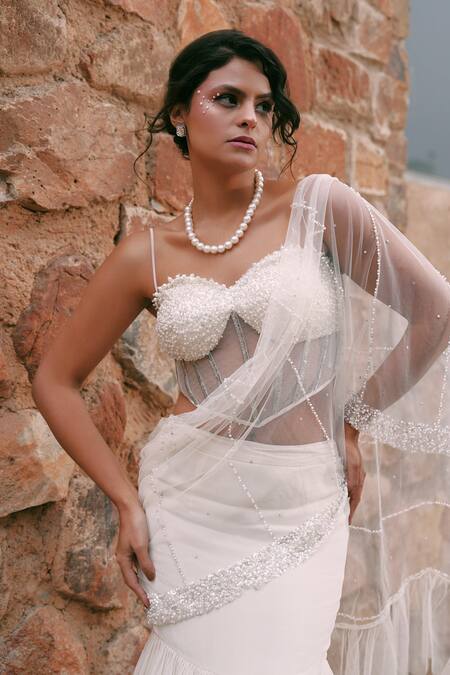 Buy_Lasha_Ivory Georgette, Tulle, Net Pearls, Sequins, Beads Sweetheart Ruffled Skirt Set _Online_at_Aza_Fashions