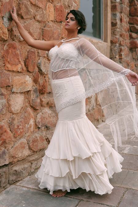 Shop_Lasha_Ivory Georgette, Tulle, Net Pearls, Sequins, Beads Sweetheart Ruffled Skirt Set _Online_at_Aza_Fashions