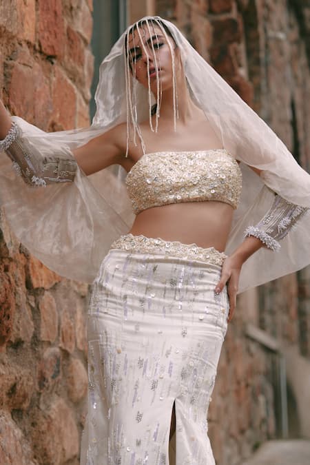 Shop_Lasha_Ivory Silk Organza, Net Sequins, Beads Square Designer Lehenga Set With Cape _Online_at_Aza_Fashions