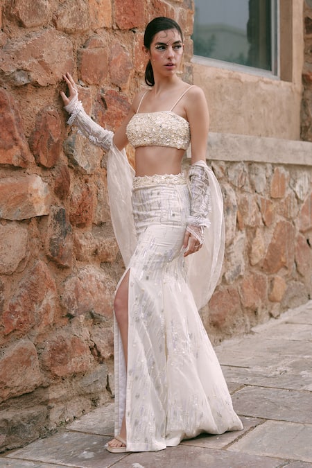 Lasha_Ivory Silk Organza, Net Sequins, Beads Square Designer Lehenga Set With Cape _at_Aza_Fashions