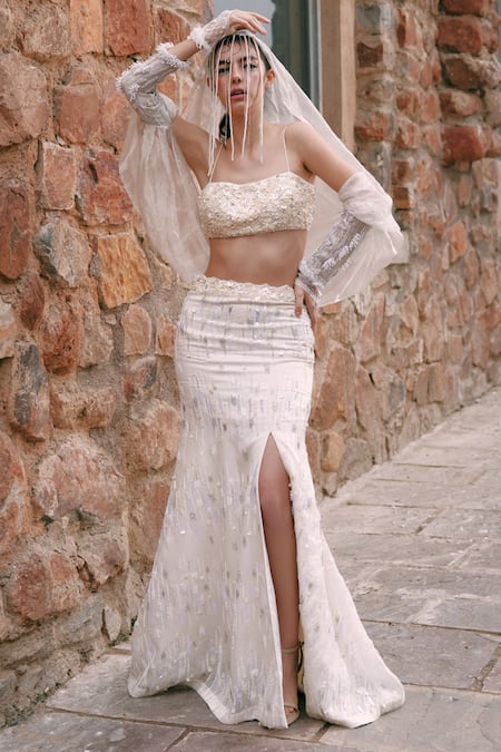 Lasha Ivory Silk Organza, Net Sequins, Beads Square Designer Lehenga Set With Cape 