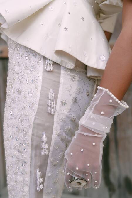 Lasha_Ivory Silk, Net Pearls, Sequins, Beads Round Neck Peplum Top And Trouser Set _Online_at_Aza_Fashions