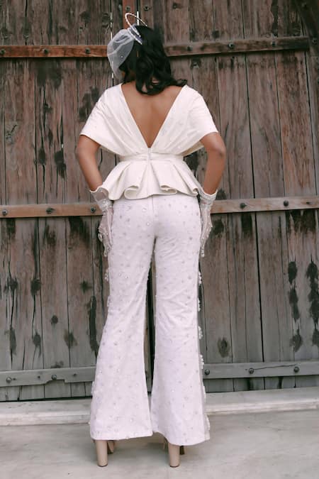 Lasha Ivory Silk Peplum Top & Trouser Set 