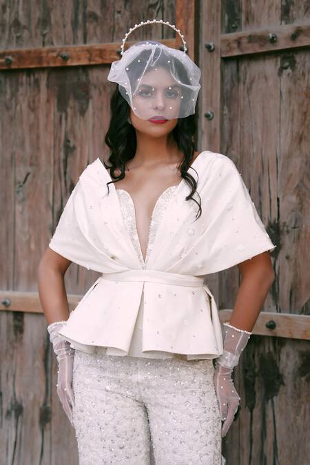 Buy_Lasha_Ivory Silk, Net Pearls, Sequins, Beads Round Neck Peplum Top And Trouser Set _Online_at_Aza_Fashions