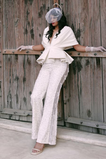 Lasha Ivory Silk, Net Pearls, Sequins, Beads Round Neck Peplum Top And Trouser Set