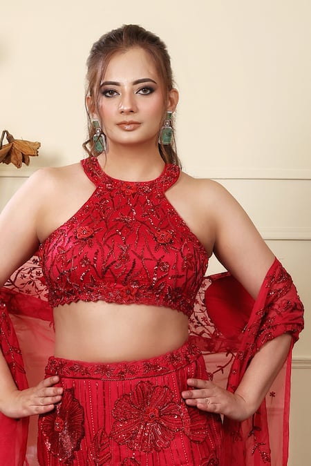 Lasha_Red Satin, Organza, Silk Sequins, Beads Halter Neck Embroidered Lehenga Set _Online_at_Aza_Fashions