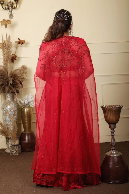 Lasha Red Satin Silk Embroidered Lehenga Set 