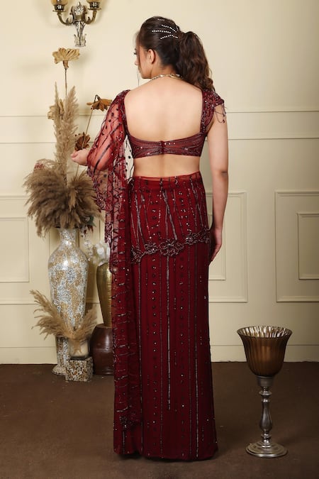 Lasha Wine Pre-Draped Saree With Blouse 