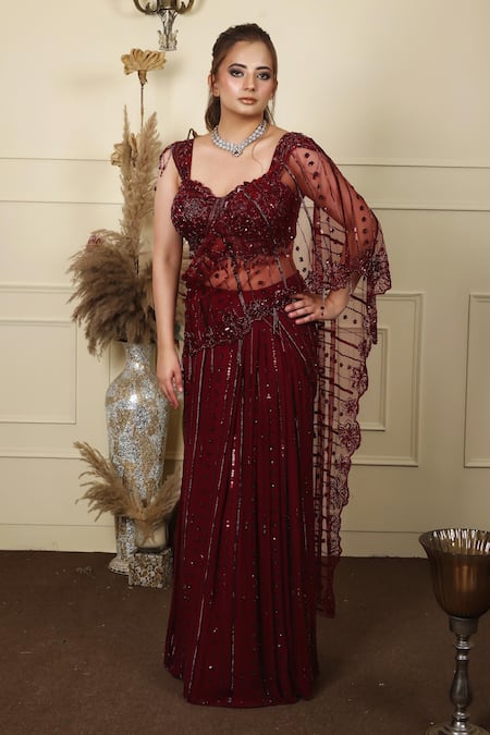 Lasha Wine Georgette, Tulle, Net Beads, Sequins Pre-draped Saree With Blouse 