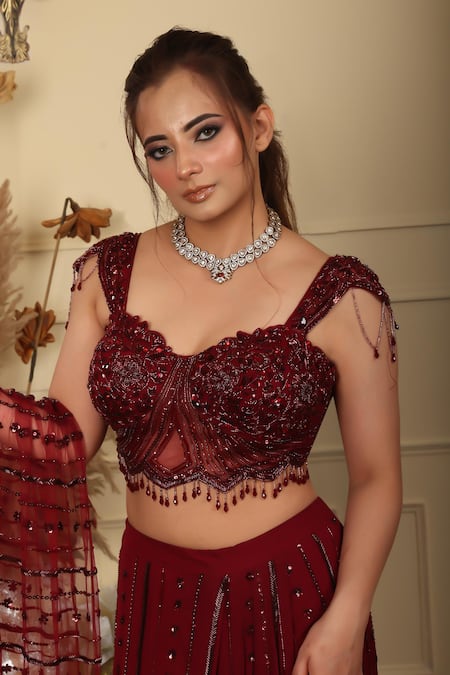 Lasha_Wine Georgette, Tulle, Net Beads, Sequins Pre-draped Saree With Blouse _Online_at_Aza_Fashions