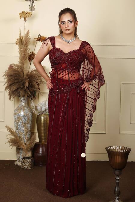 Buy_Lasha_Wine Georgette, Tulle, Net Beads, Sequins Pre-draped Saree With Blouse _Online_at_Aza_Fashions