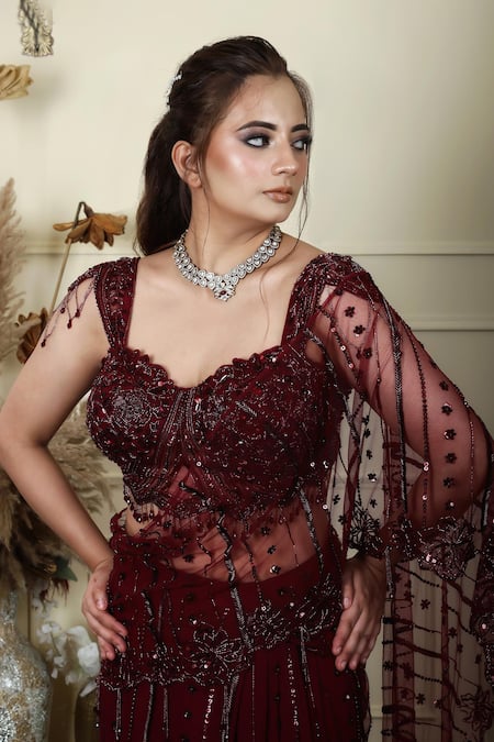 Shop_Lasha_Wine Georgette, Tulle, Net Beads, Sequins Pre-draped Saree With Blouse _Online_at_Aza_Fashions