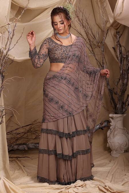 Lasha_Gray Georgette, Tulle, Net Sequins, Dusty Grey Designer Pre-draped Saree Set _Online_at_Aza_Fashions