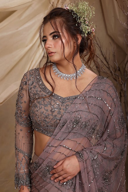 Shop_Lasha_Gray Georgette, Tulle, Net Sequins, Dusty Grey Designer Pre-draped Saree Set _Online_at_Aza_Fashions