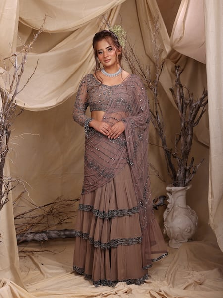 Lasha_Gray Georgette, Tulle, Net Sequins, Dusty Grey Designer Pre-draped Saree Set _at_Aza_Fashions