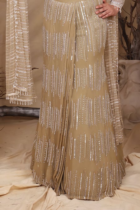 Lasha_Green Georgette, Tulle, Net Beads, Sequins Square Designer Pre-draped Saree Set _Online_at_Aza_Fashions