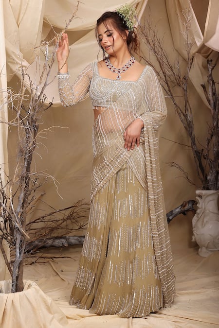 Shop_Lasha_Green Georgette, Tulle, Net Beads, Sequins Square Designer Pre-draped Saree Set _Online_at_Aza_Fashions