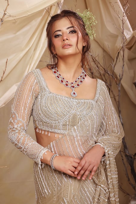 Lasha_Green Georgette, Tulle, Net Beads, Sequins Square Designer Pre-draped Saree Set _at_Aza_Fashions