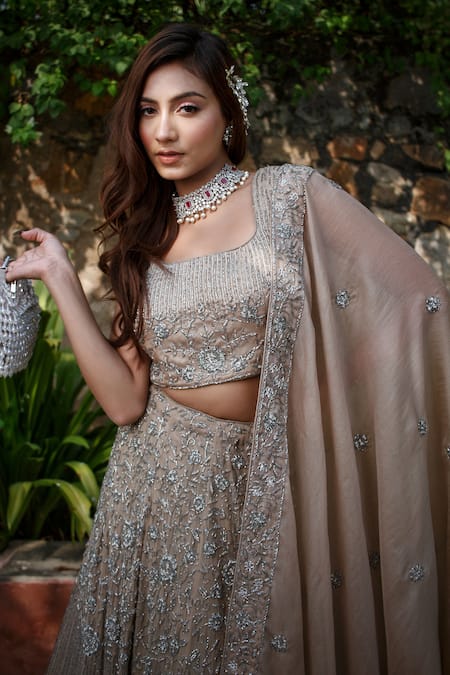 Lasha_Gray Georgette, Net, Tulle Sequins, Embroidery Dusty Grey Designer Lehenga Set _Online_at_Aza_Fashions