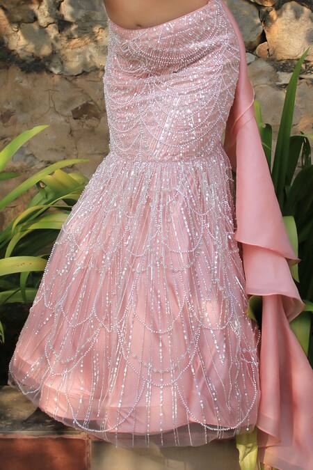 Lasha_Pink Net, Satin, Organza Sequins, Beads Sweetheart Neck Designer Lehenga Set _Online_at_Aza_Fashions