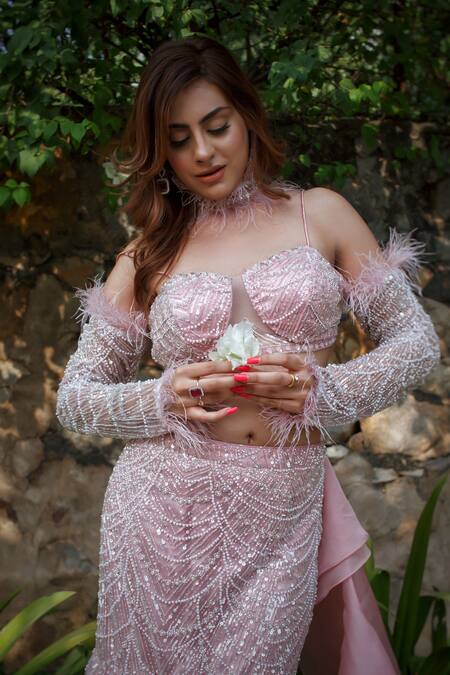 Buy_Lasha_Pink Net, Satin, Organza Sequins, Beads Sweetheart Neck Designer Lehenga Set _Online_at_Aza_Fashions