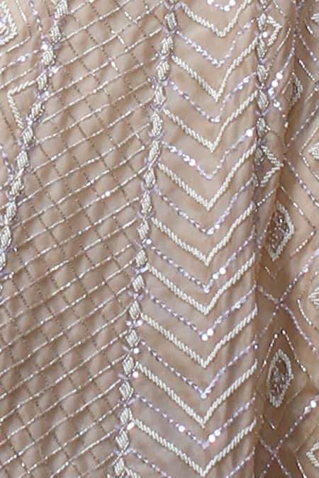 Lasha_Ivory Satin, Organza, Net Sequins, Embroidery, Beads Round Neck Lehenga Set _Online_at_Aza_Fashions