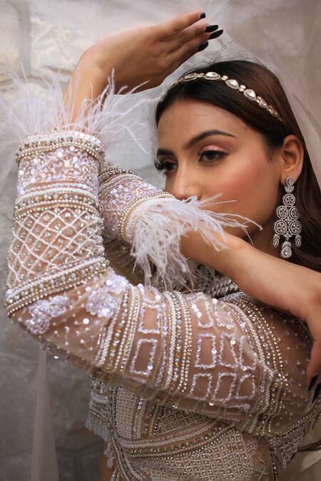 Buy_Lasha_Ivory Satin, Organza, Net Sequins, Embroidery, Beads Round Neck Lehenga Set _Online_at_Aza_Fashions