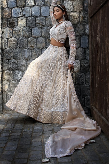 Shop_Lasha_Ivory Satin, Organza, Net Sequins, Embroidery, Beads Round Neck Lehenga Set _Online_at_Aza_Fashions
