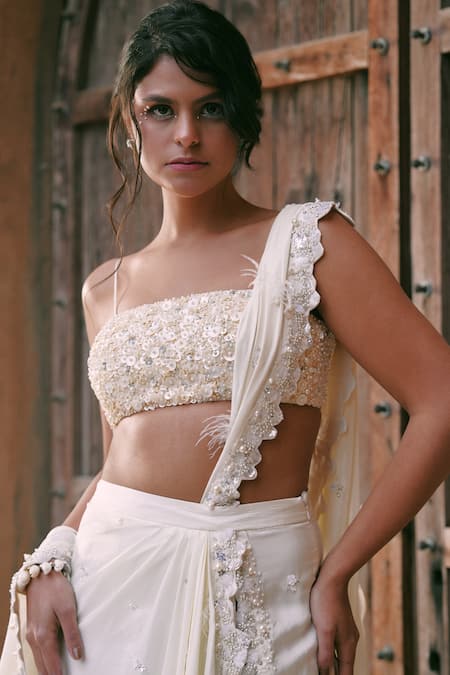 Lasha_Ivory Crepe, Silk Beads, Embroidery Square Neck Pre-draped Saree And Bustier Set _Online_at_Aza_Fashions