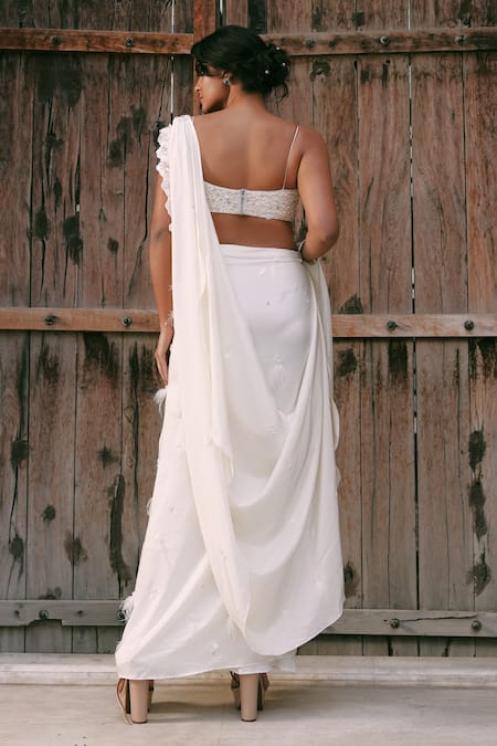 Lasha Ivory Pre-Draped Saree & Bustier Set 