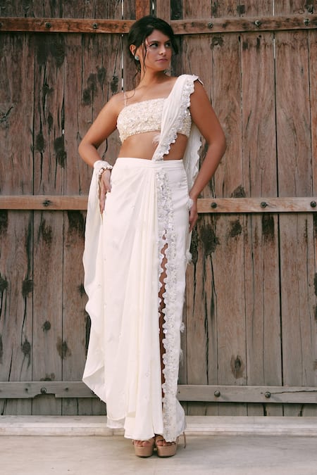 Lasha Ivory Pre-Draped Saree & Bustier Set 