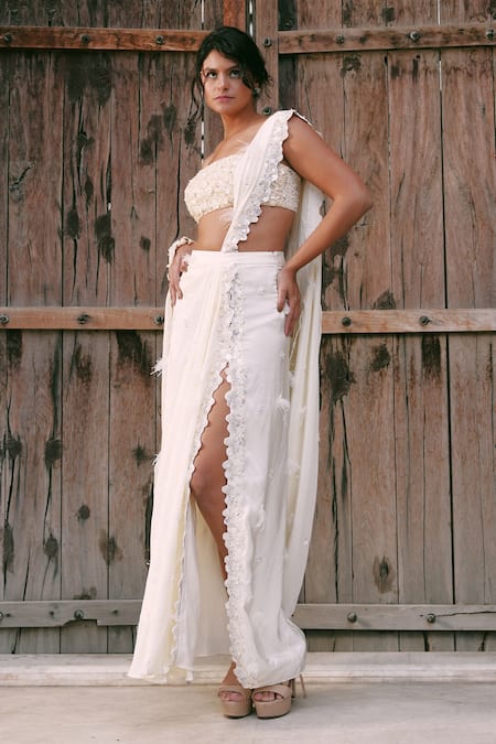 Buy_Lasha_Ivory Crepe, Silk Beads, Embroidery Square Neck Pre-draped Saree And Bustier Set _Online_at_Aza_Fashions