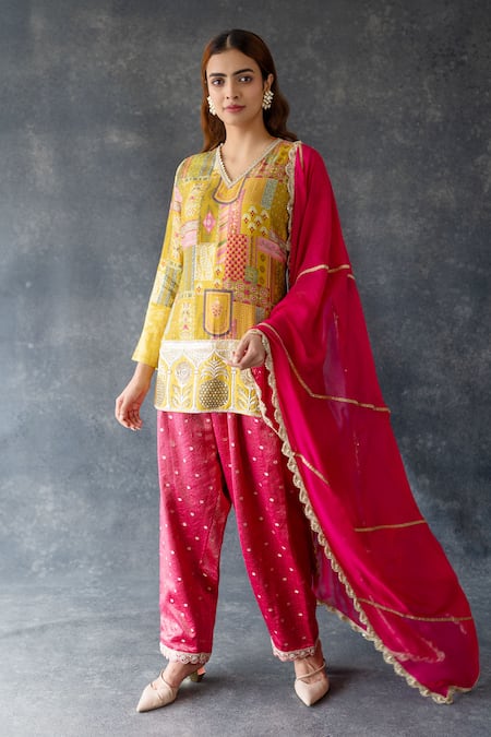 Shachi Sood Yellow Silk, Organza Embroidery V-neck Designer Rang Baugh Kurta Set