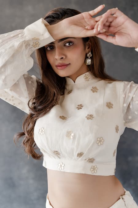 Shachi Sood_White Chanderi Silk Embroidery Mandarin Collar Hand Lehenga Set _Online_at_Aza_Fashions