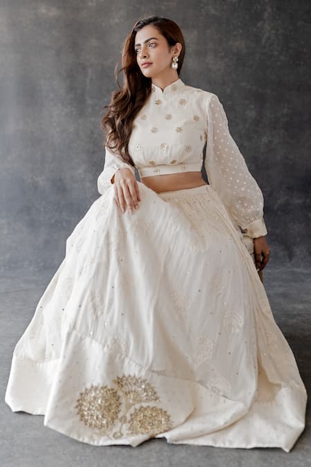 Shop_Shachi Sood_White Chanderi Silk Embroidery Mandarin Collar Hand Lehenga Set _Online_at_Aza_Fashions